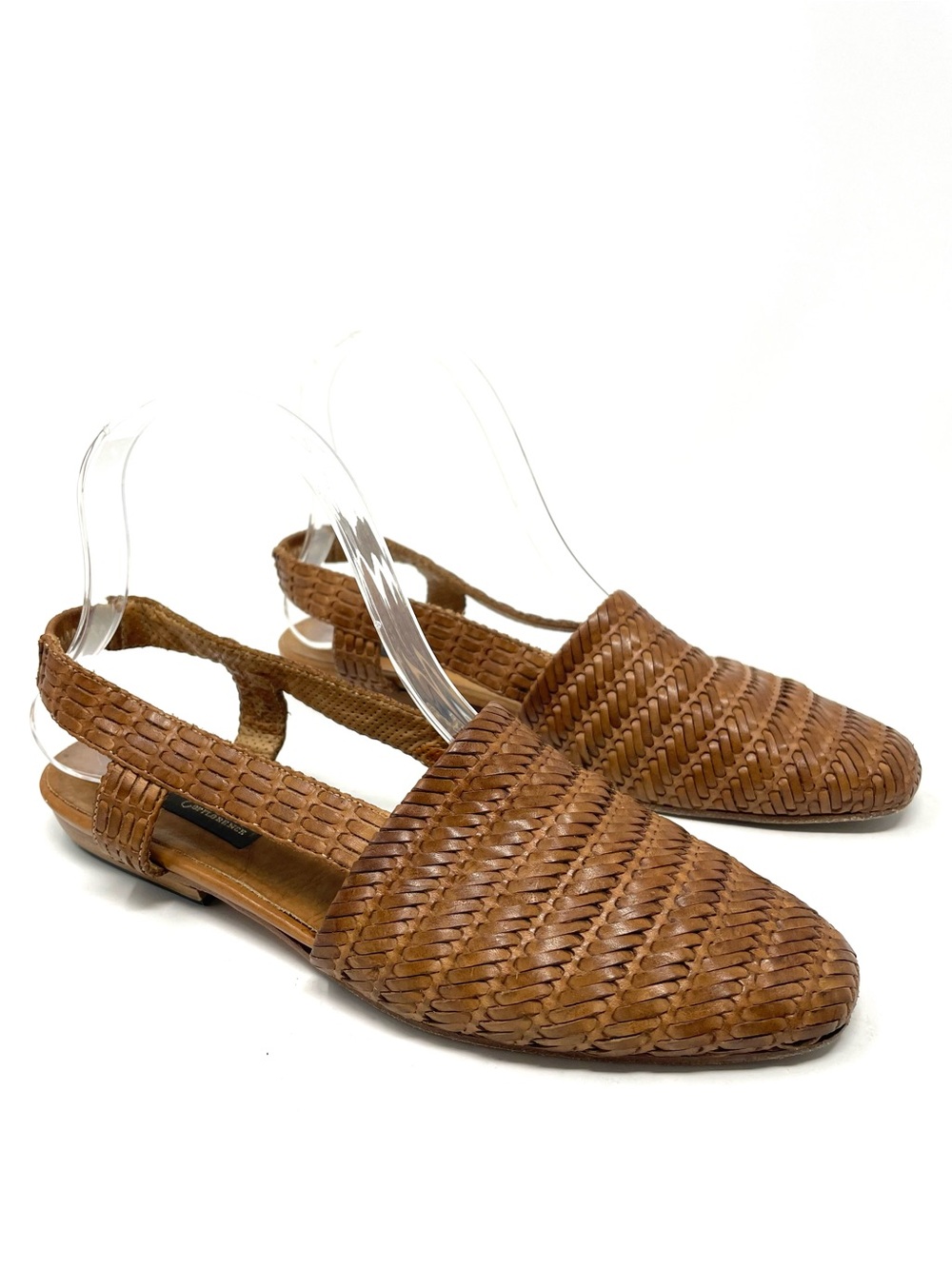 Sesto Meucci Woven Tan Italian Pointed Toe Leather Slingback Flats, Women's 6.5